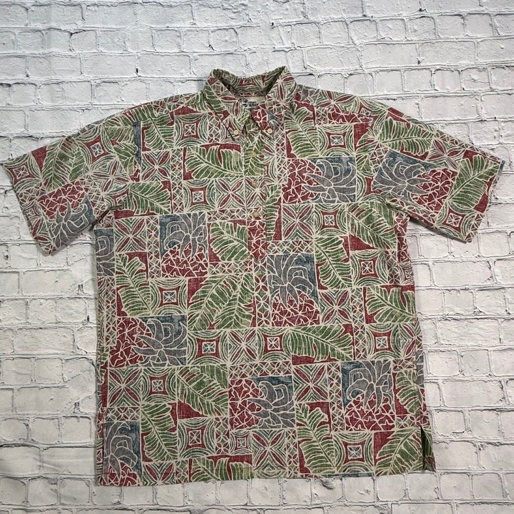 Reyn Spooner Pullover Shirt XL Hawaiian Aloha Reverse Print Tropical Geometric